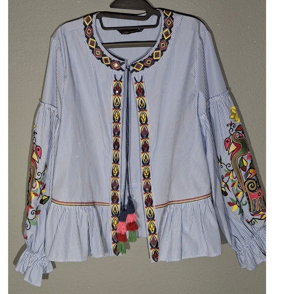 Zara Woman Blue White Striped Embroidered Peplum Blouse Boho Bird Floral Large